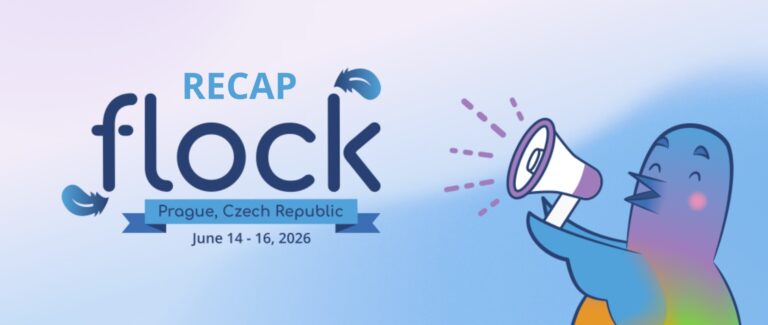 A graphic reads "RECAP flock, Prague, Czech Republic, June 14 - 16, 2026" alongside an illustration of a colorful pigeon holding a megaphone.