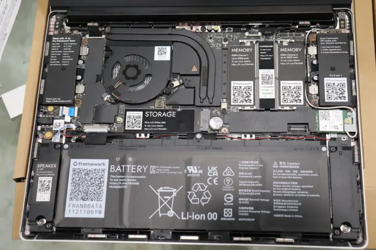 A laptop battery inside a Framework laptop